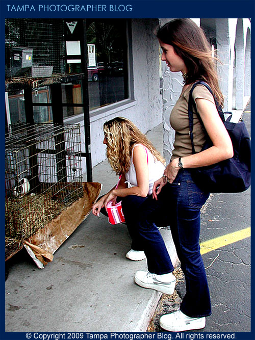 Two models check out a Rabbit at a Riverview pet store as we take a break during a shootout event in 2002. We borrowed a Bunny for that shoot, and then later returned it, safe and sound. Awesome day, and a lot of fun!